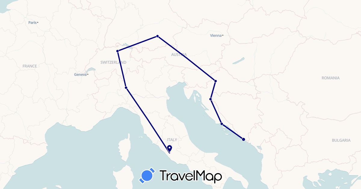 TravelMap itinerary: driving in Switzerland, Germany, Croatia, Italy (Europe)